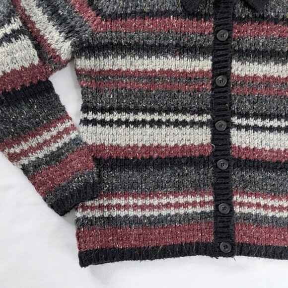 VTG Maroon Black Gray Stripe Chunky Knit Cotton Wool Button Up Collared Sweater - Picture 2 of 6